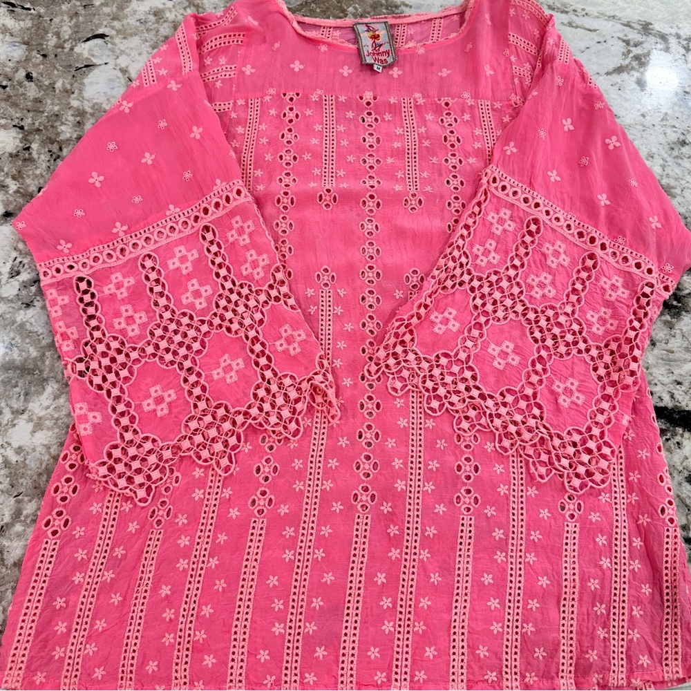 Johnny Was Flamingo 🦩Pink Embroidered Women's Top M